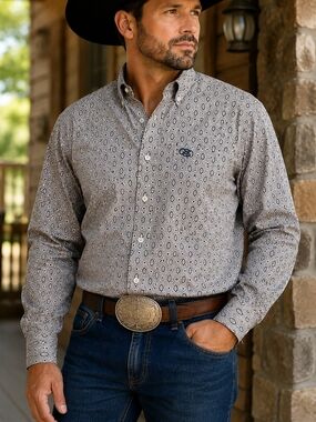 George Strait Wrangler Cowboy Cut Western Shirt Men's XL Geometric Print qo